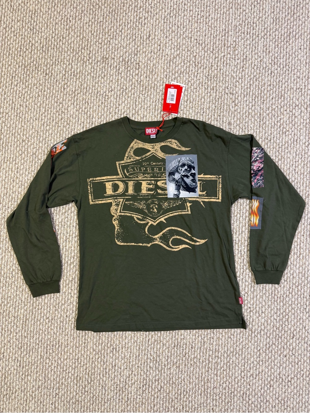 Diesel Graphic Long Sleeve Tee with Patches - Olive
